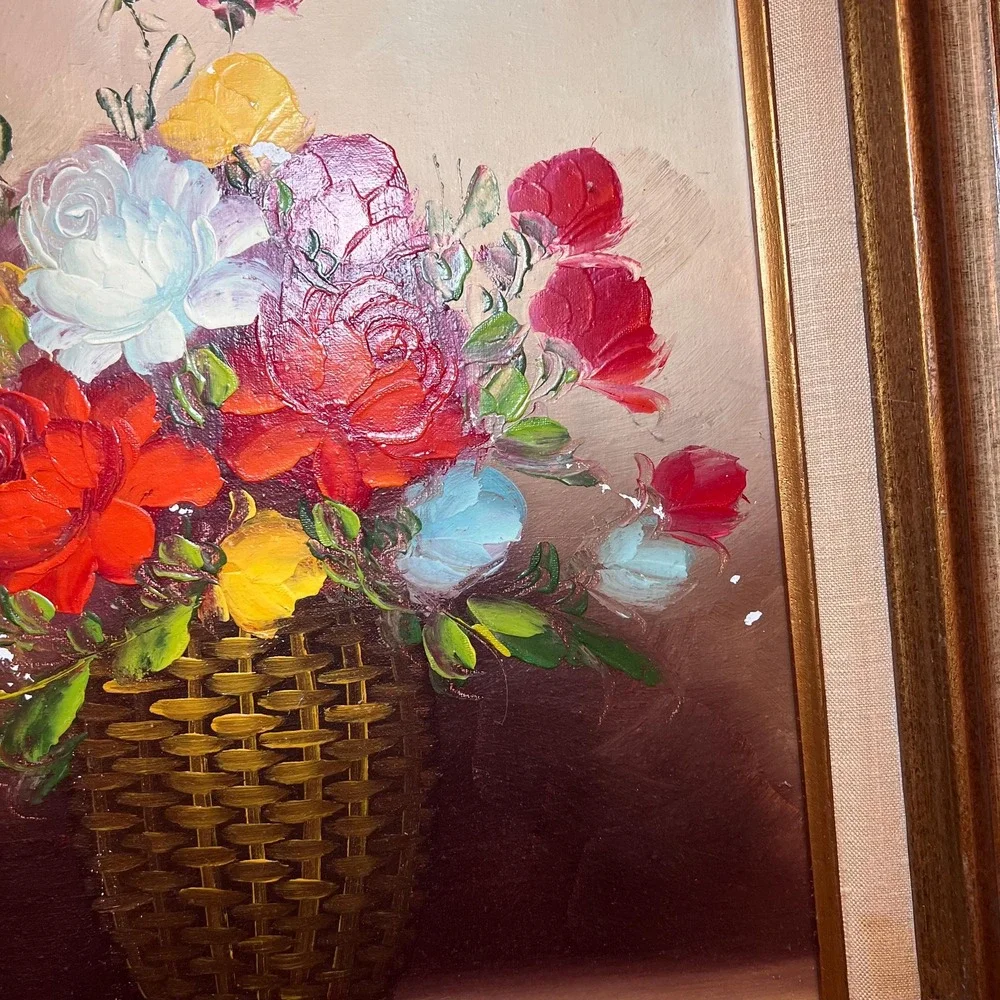 Vtg Signed Oil Painting Floral Still Life Basket Roses Gold Frame Cottagecore